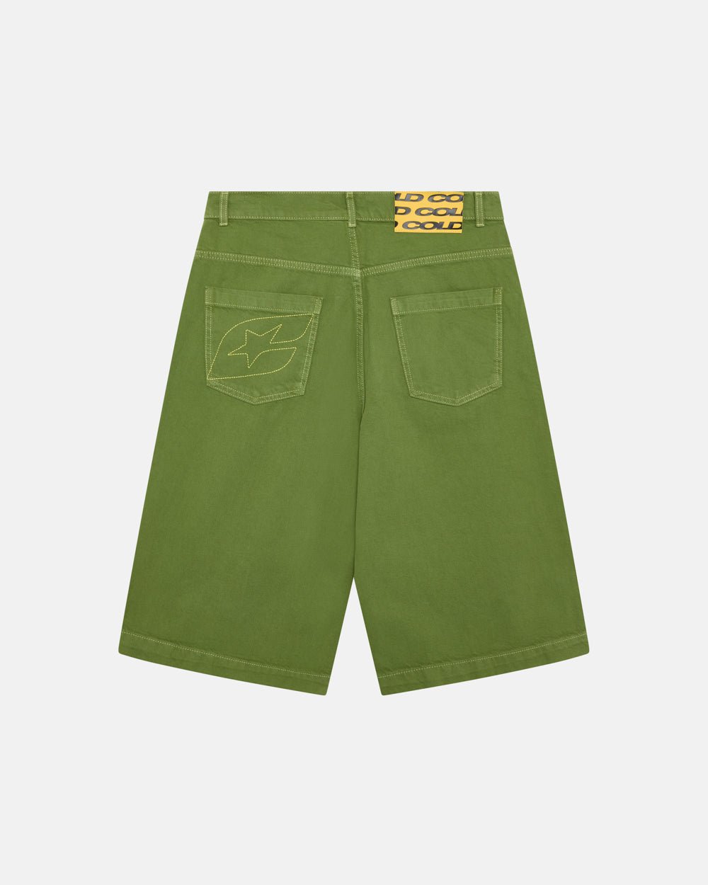 STITCHING JORTS CACTUS GREEN - green baggy denim shorts, back view - Cold Culture #packshot