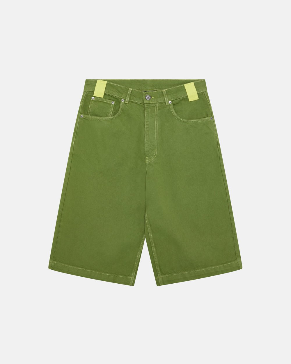 STITCHING JORTS CACTUS GREEN - green baggy denim shorts, front view - Cold Culture #packshot