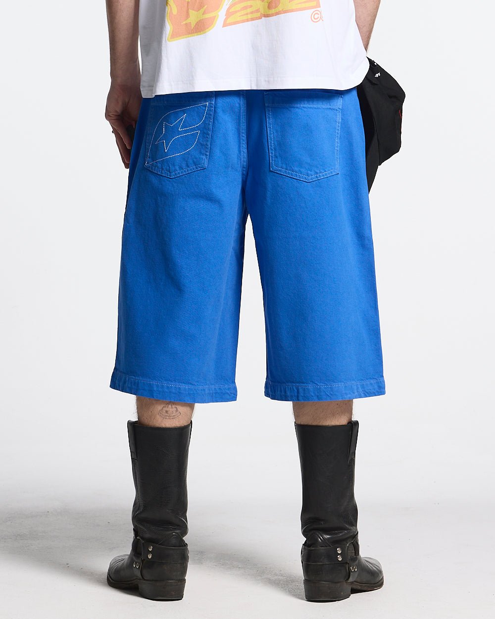 STITCHING JORTS TRUE BLUE - blue baggy denim shorts, back view on male model - Cold Culture