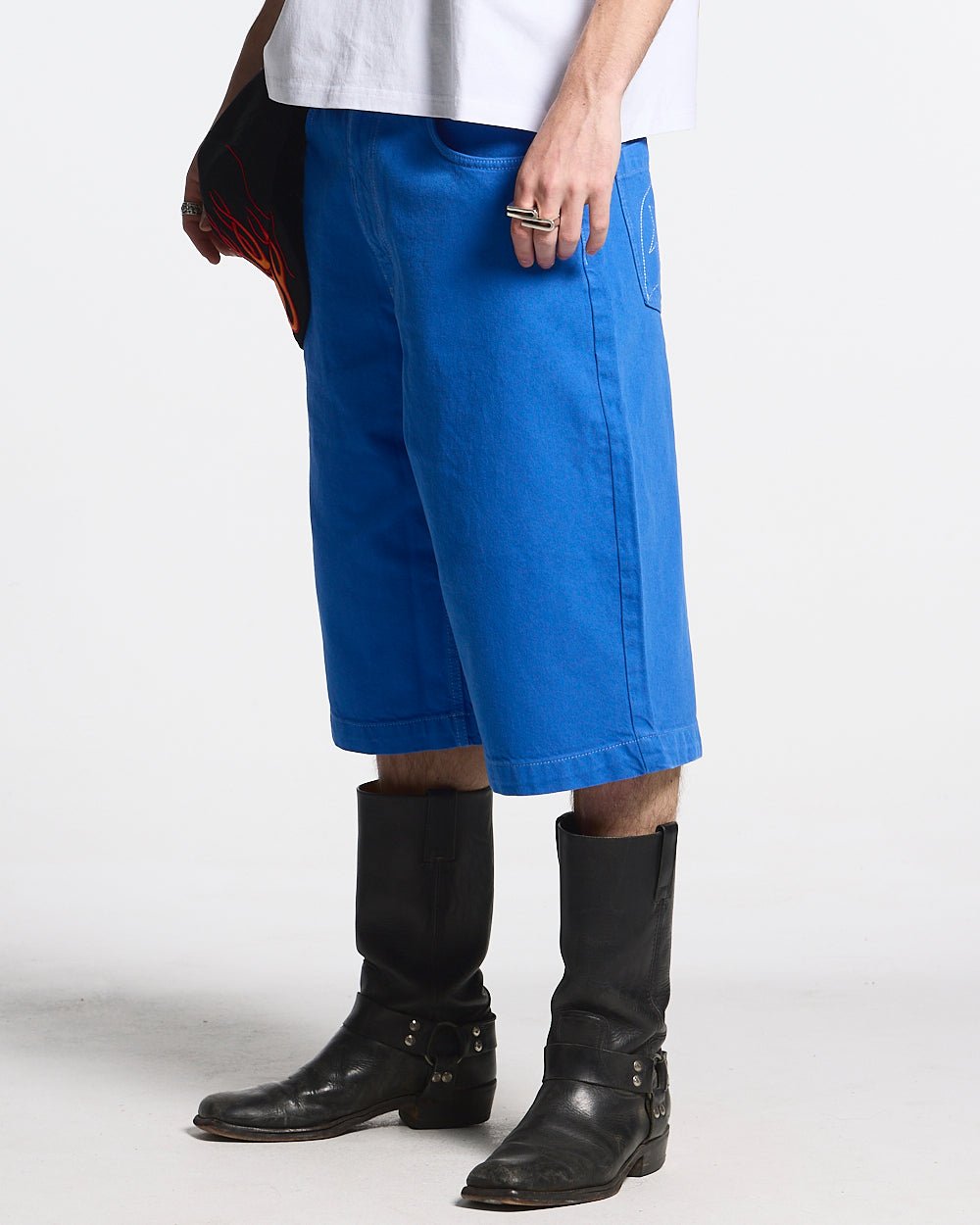 STITCHING JORTS TRUE BLUE - blue baggy denim shorts, front view on male model - Cold Culture