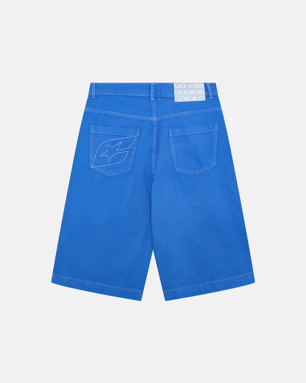 STITCHING JORTS TRUE BLUE - blue baggy denim shorts, back view - Cold Culture #packshot