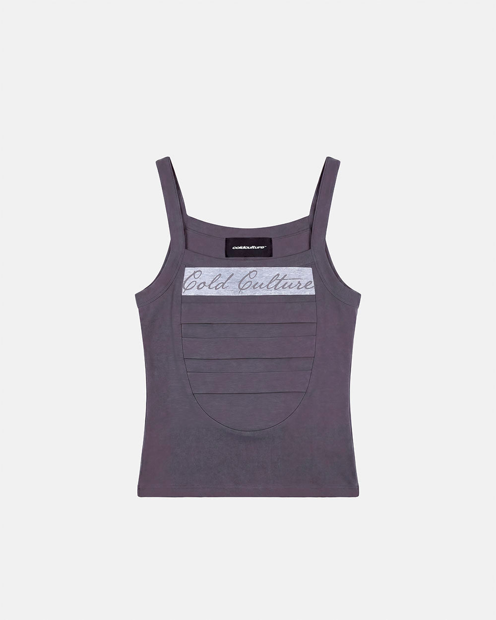 STRAPLINE TANK TOP DARK GREY - dark grey pleated tank top, front view - Cold Culture #packshot