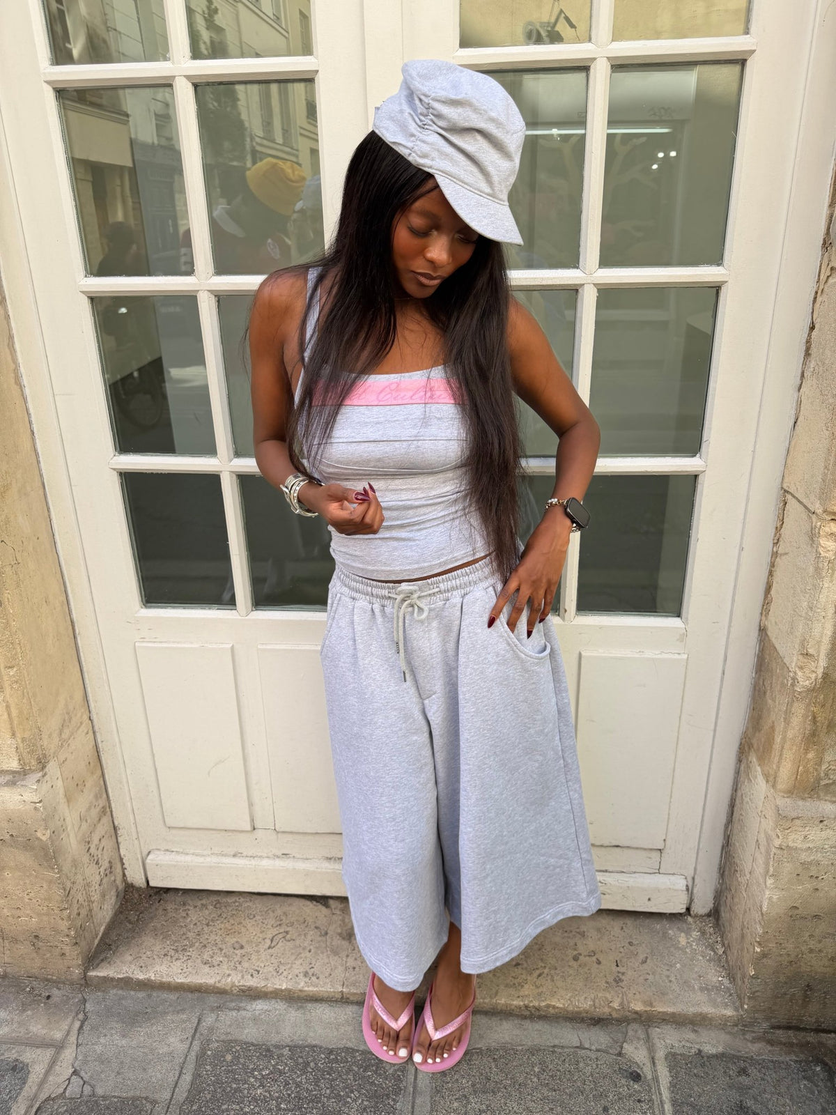 STRAPLINE TANK TOP HEATHER GREY - heather grey pleated tank top, street style shot - Cold Culture #woman