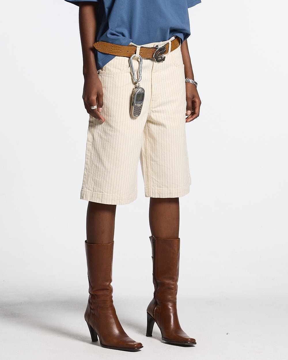 STRIPE FADE JORTS WHITE - off-white pinstripe baggy shorts, front view on female model - Cold Culture #woman