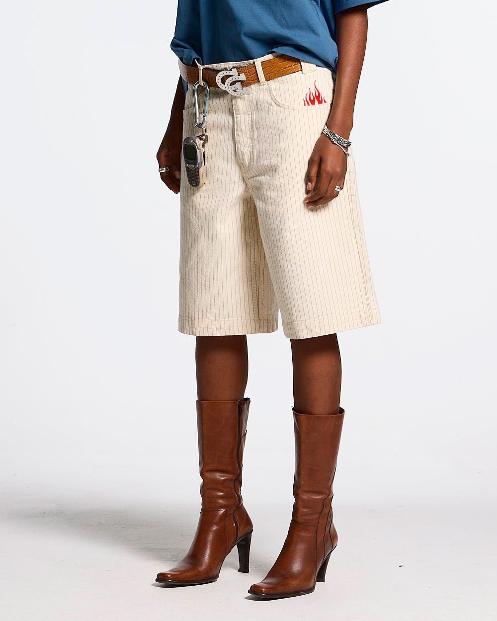STRIPE FADE JORTS WHITE - off-white pinstripe baggy shorts, side view - Cold Culture #woman