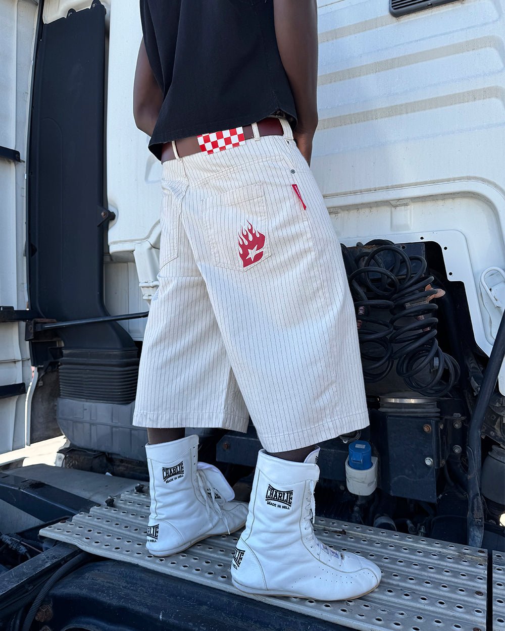 STRIPE FADE JORTS WHITE - off-white pinstripe baggy shorts, street style shot - Cold Culture