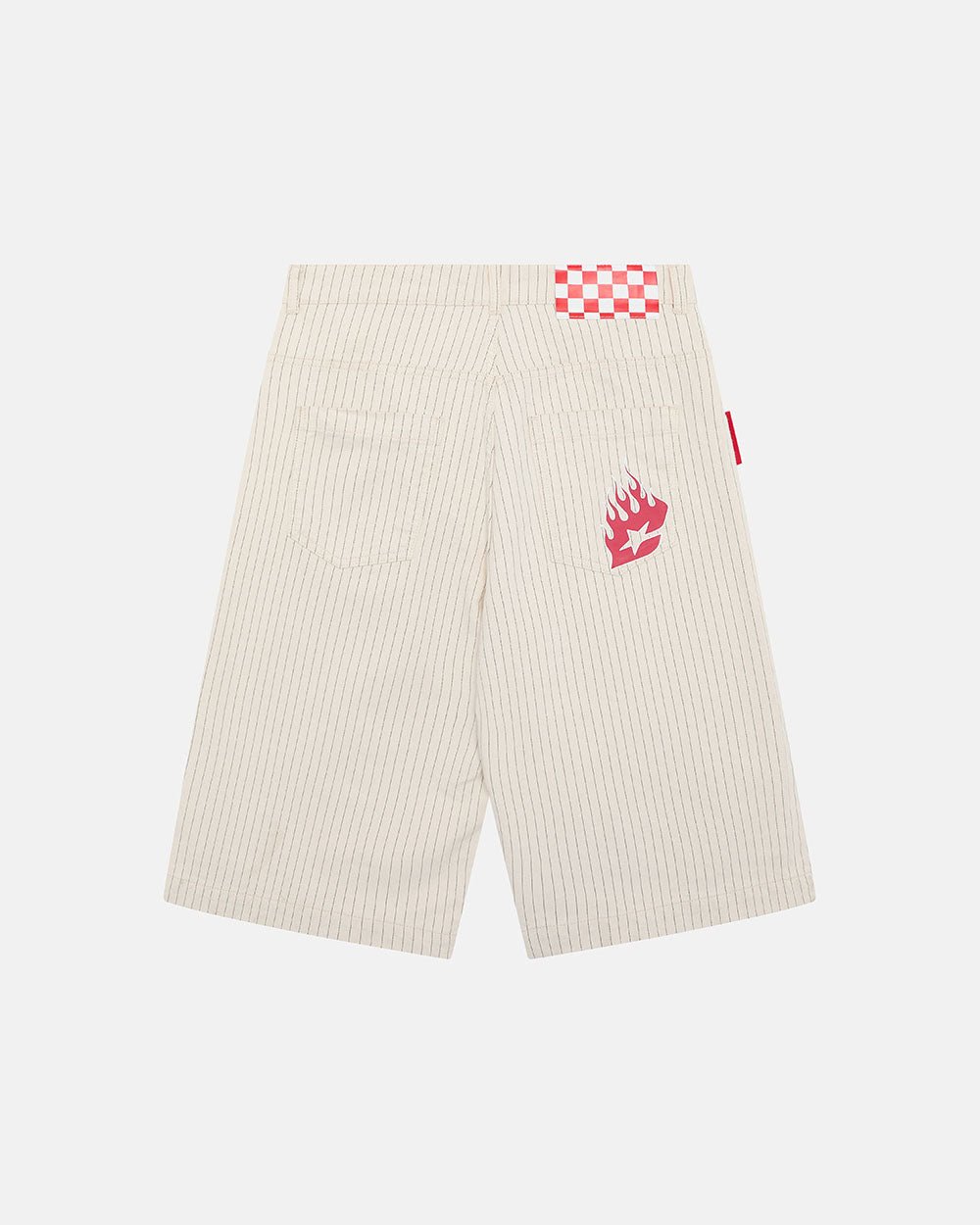 STRIPE FADE JORTS WHITE - off-white pinstripe baggy shorts, back view - Cold Culture #packshot