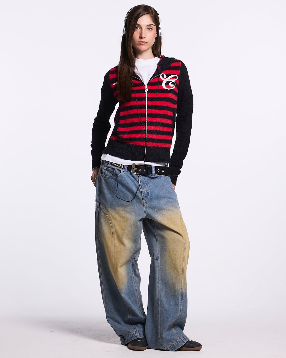 STRIPE ZIP KNIT RED & BLACK - red and black striped knit sweater, front view on female model - Cold Culture #woman