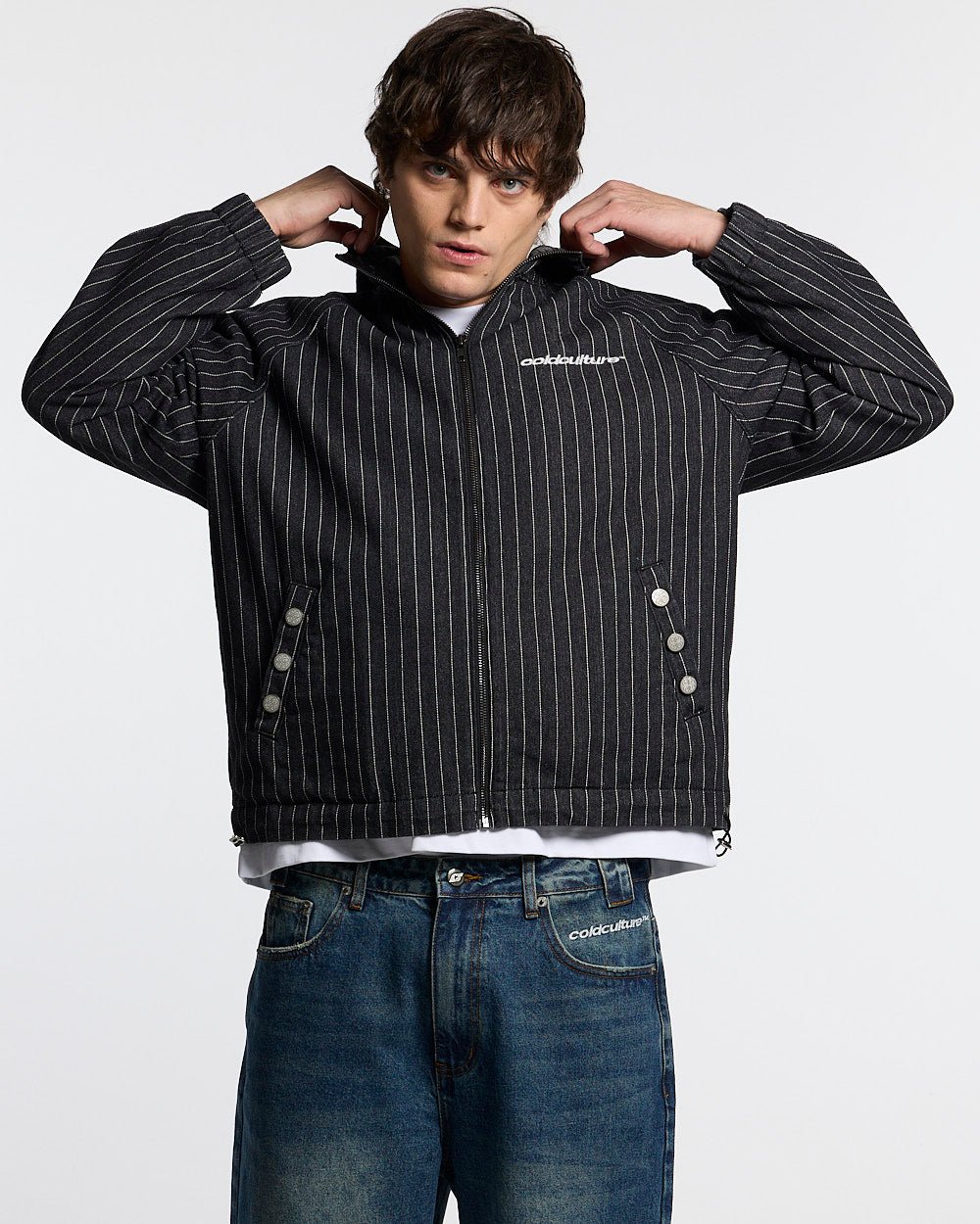 STRIPES CASINO JACKET NAVY - navy pinstripe hooded jacket, front view on male model - Cold Culture #man