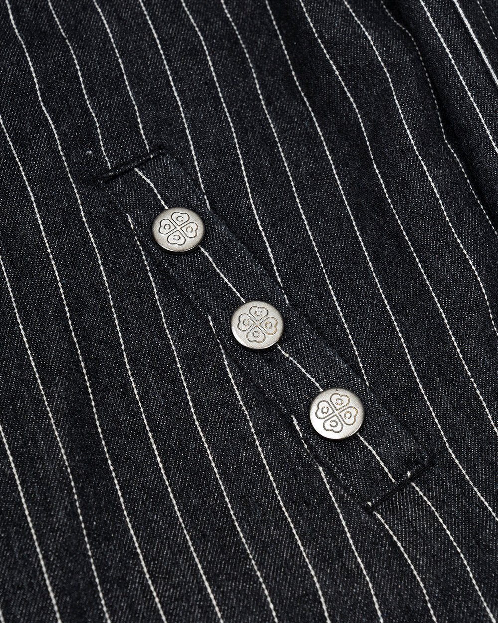 STRIPES CASINO JACKET NAVY - navy pinstripe hooded jacket, detail close-up - Cold Culture