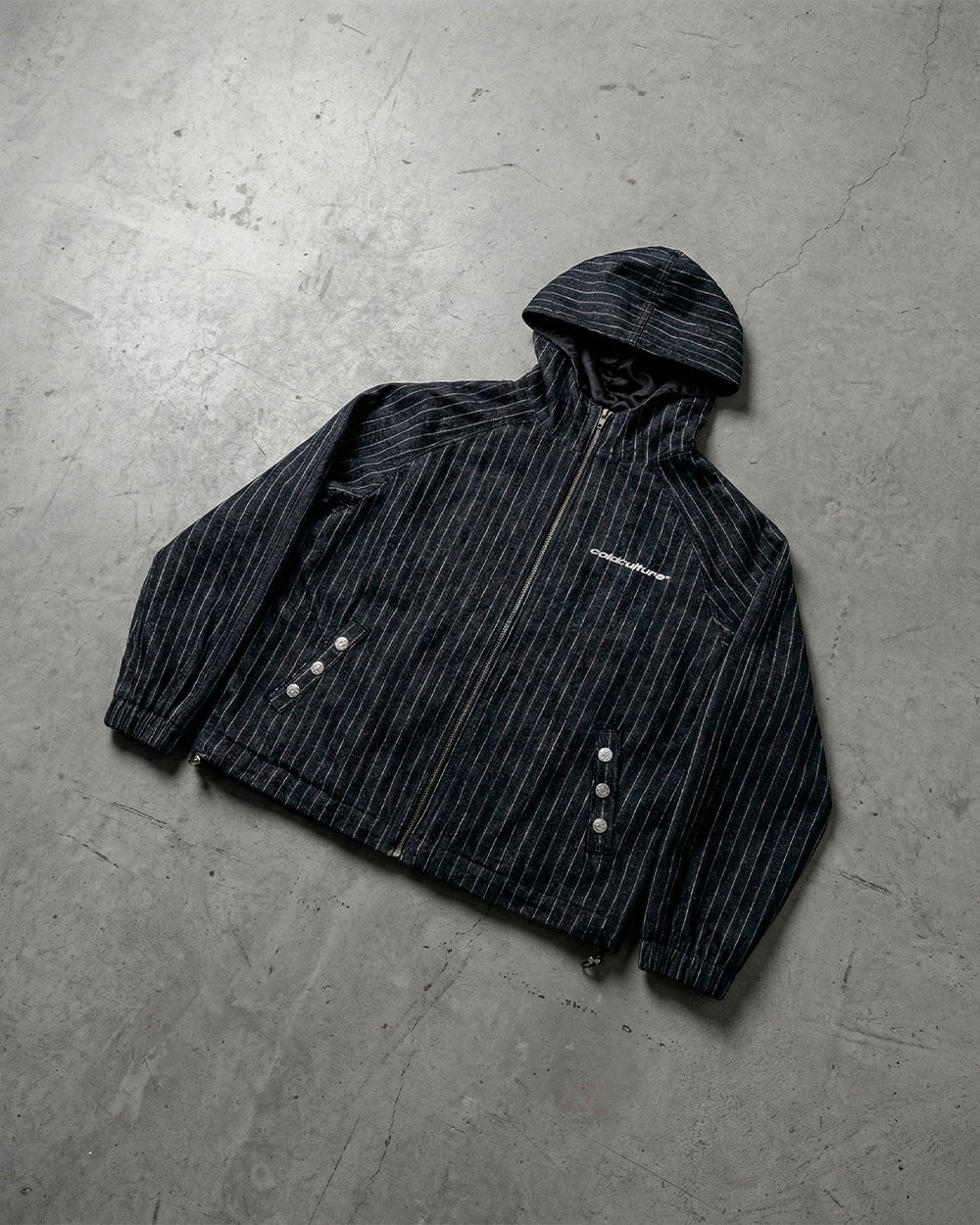 STRIPES CASINO JACKET NAVY - navy pinstripe hooded jacket, flat lay - Cold Culture