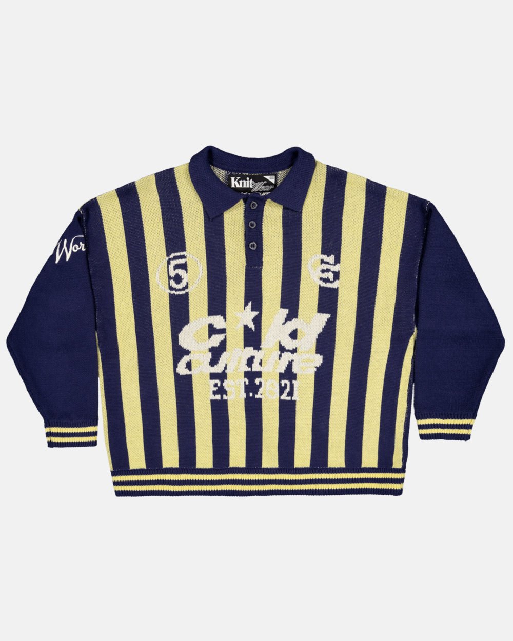 STRUCTURE COLLAR SWEATSHIRT KNIT BLUE/YELLOW - navy and yellow striped knit sweater, front view - Cold Culture #packshot