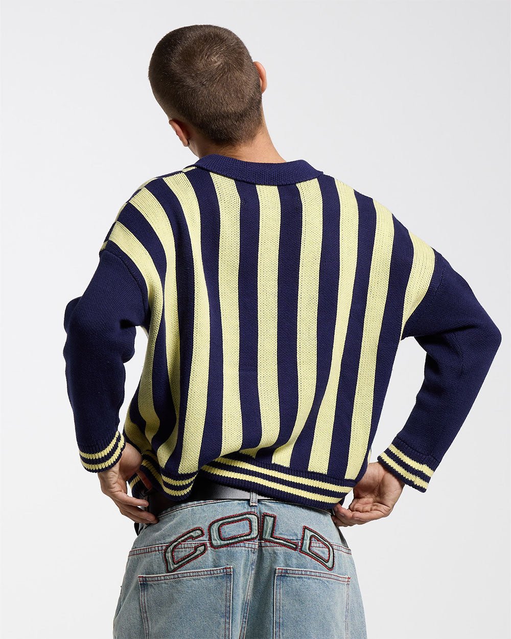 STRUCTURE COLLAR SWEATSHIRT KNIT BLUE/YELLOW - navy and yellow striped knit sweater, back view on male model - Cold Culture #man