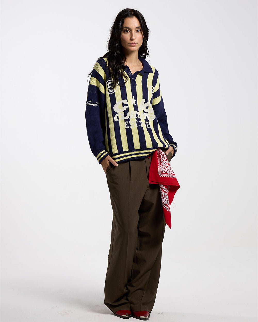 STRUCTURE COLLAR SWEATSHIRT KNIT BLUE/YELLOW - navy and yellow striped knit sweater, front view on female model - Cold Culture #woman