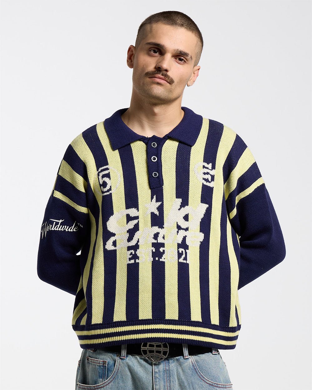 STRUCTURE COLLAR SWEATSHIRT KNIT BLUE/YELLOW - navy and yellow striped knit sweater, front view on male model - Cold Culture #man