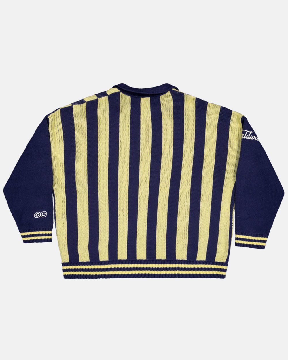 STRUCTURE COLLAR SWEATSHIRT KNIT BLUE/YELLOW - navy and yellow striped knit sweater, back view - Cold Culture #packshot