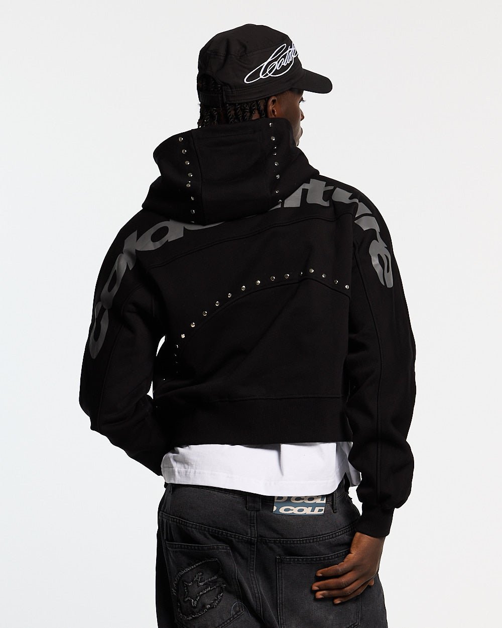 STUD ZIP HOODIE BLACK - black studded zip-up hoodie, back view on male model - Cold Culture #man