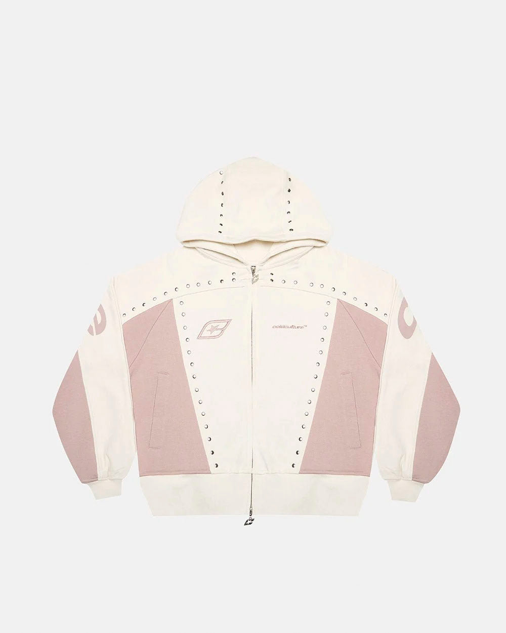 STUD ZIP HOODIE LIGHT GREY - cream and pink studded zip-up hoodie, front view - Cold Culture #packshot
