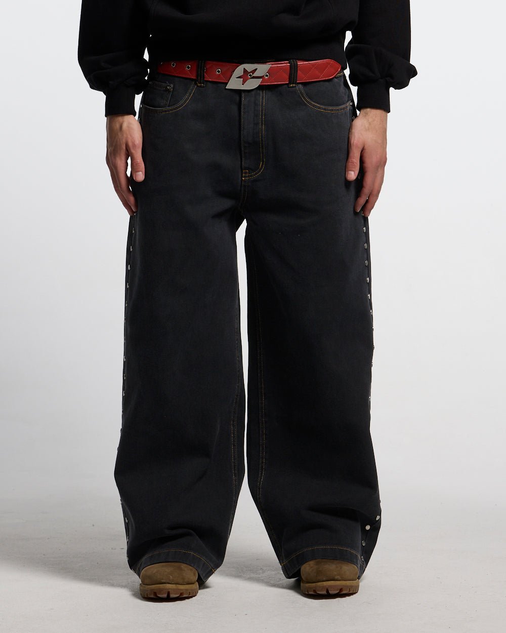 STUDS PANTS BLACK DENIM - black studded denim pants, front view on male model - Cold Culture