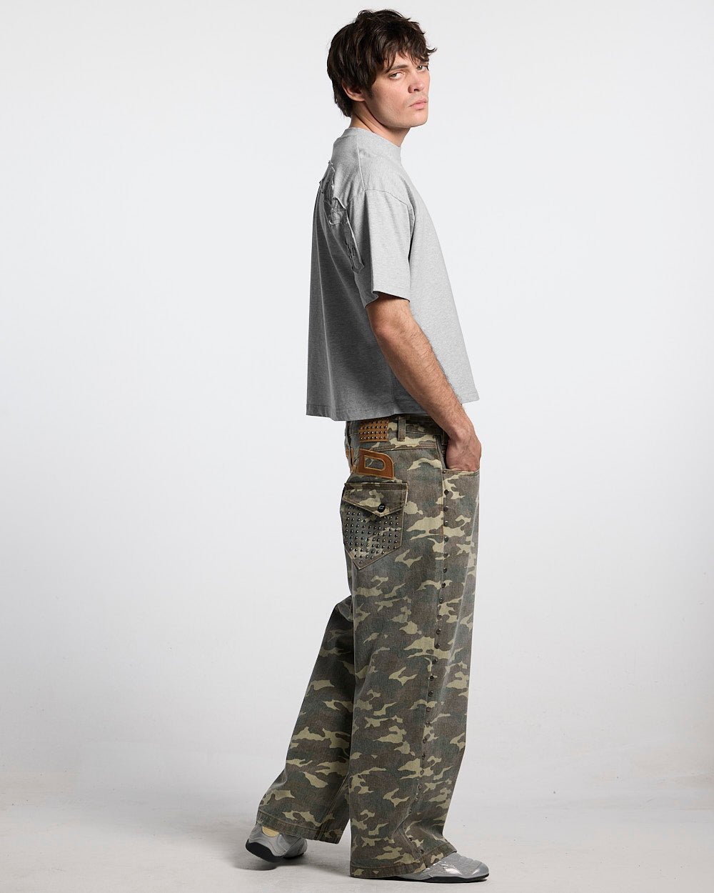 STUDS PANTS CAMO - camo studded pants, side view - Cold Culture #man