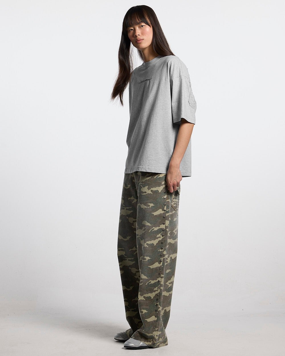 STUDS PANTS CAMO - camo studded pants, side view - Cold Culture #woman