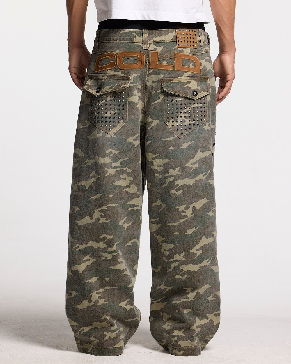 STUDS PANTS CAMO - camo studded pants, back view on male model - Cold Culture