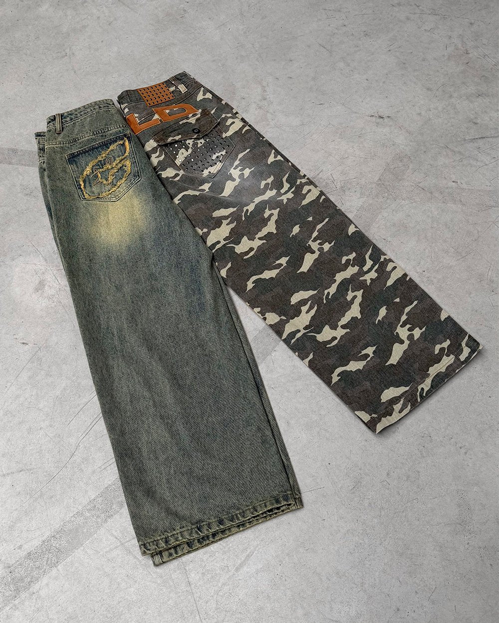 STUDS PANTS CAMO - camo studded pants, flat lay with matching pieces - Cold Culture