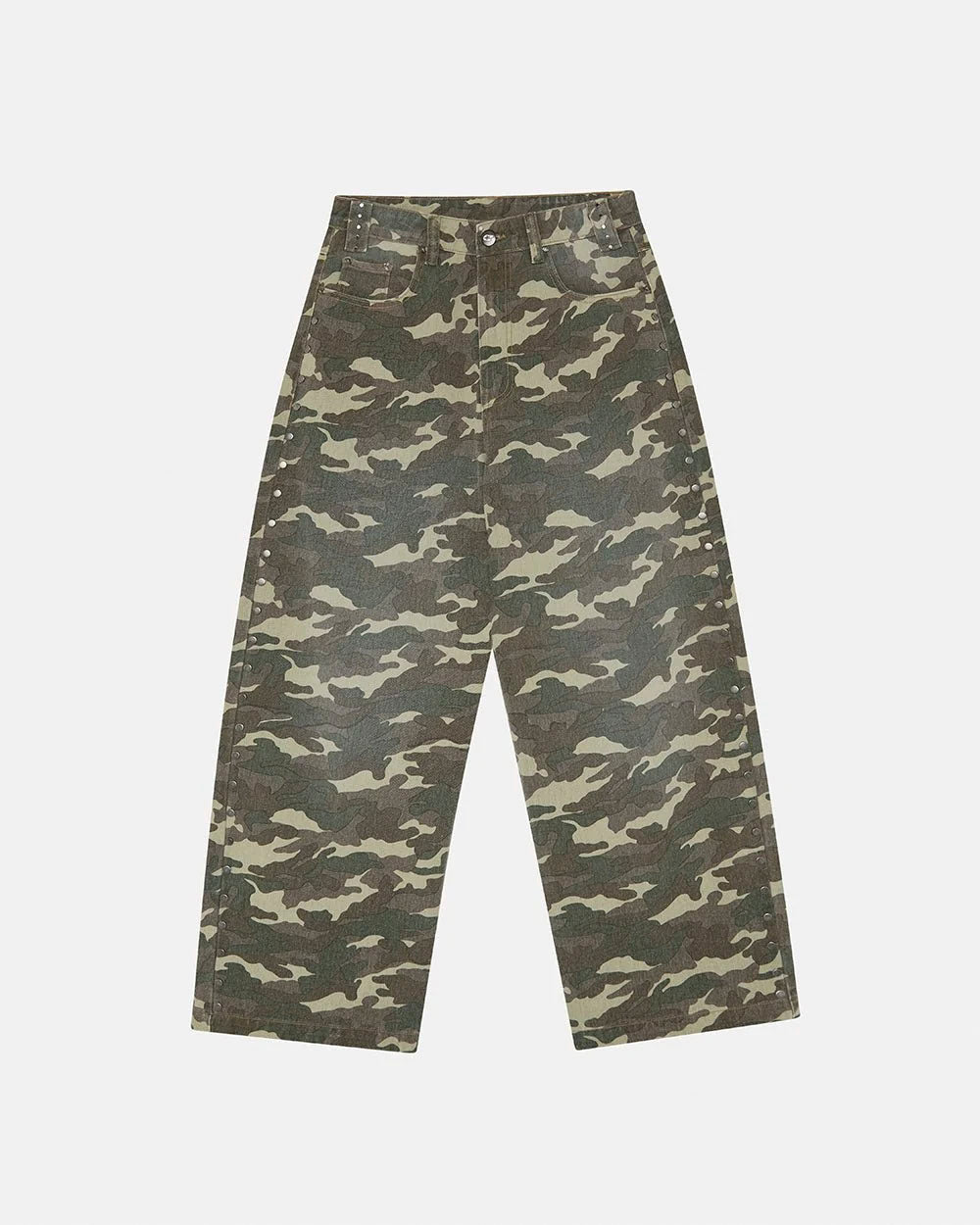 STUDS PANTS CAMO - camo studded pants, front view - Cold Culture #packshot