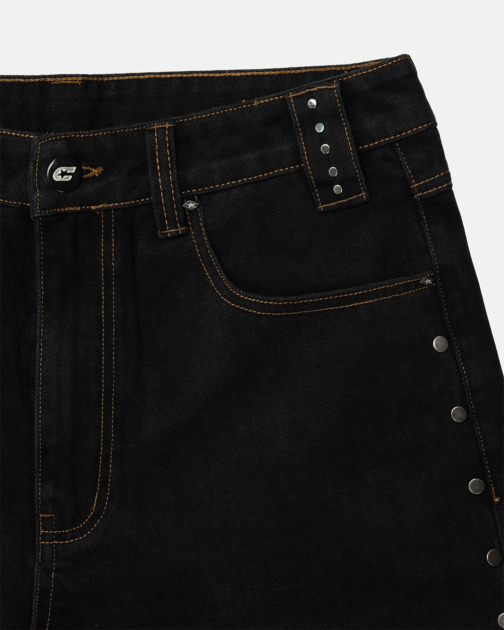 STUDS SHORT BLACK - black studded denim shorts, detail close-up - Cold Culture