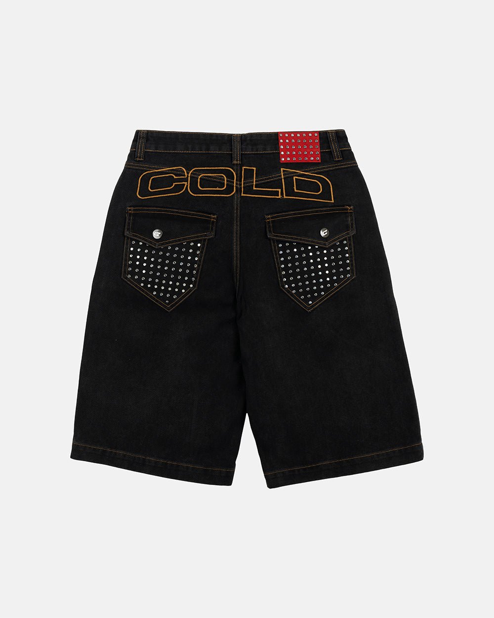 STUDS SHORT BLACK - black studded denim shorts, back view - Cold Culture #packshot