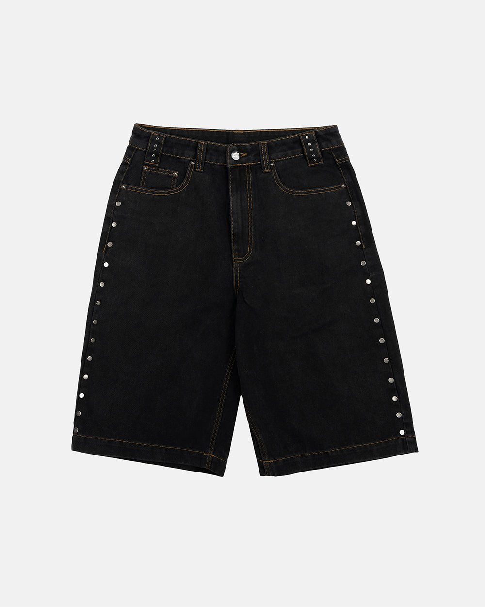 STUDS SHORT BLACK - black studded denim shorts, front view - Cold Culture #packshot