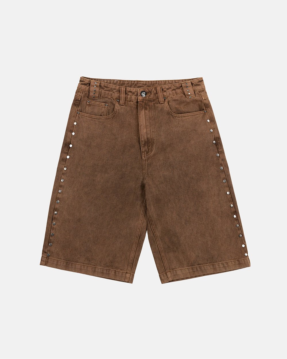 STUDS SHORT BROWN - brown studded denim shorts, front view - Cold Culture #packshot