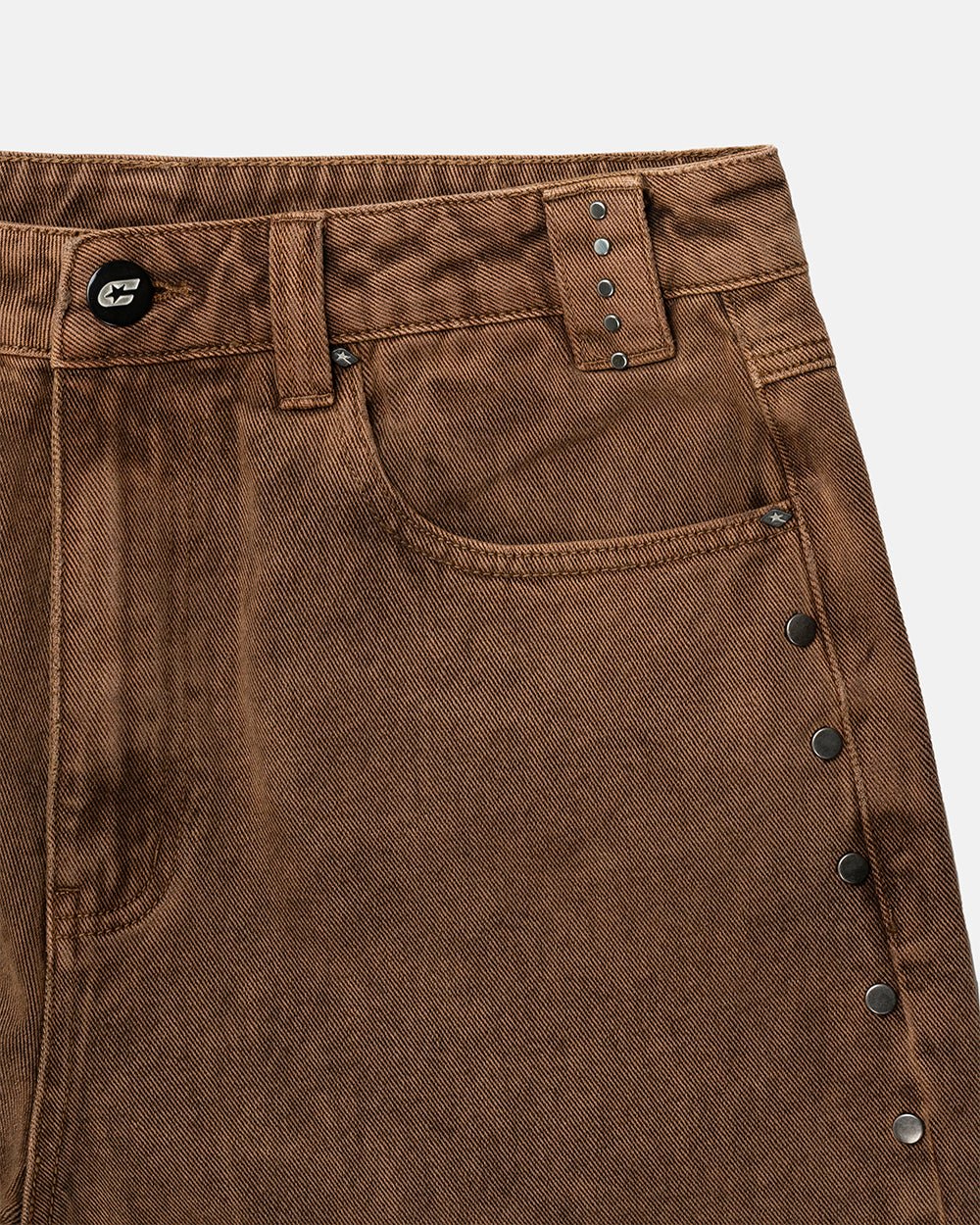 STUDS SHORT BROWN - brown studded denim shorts, detail close-up - Cold Culture