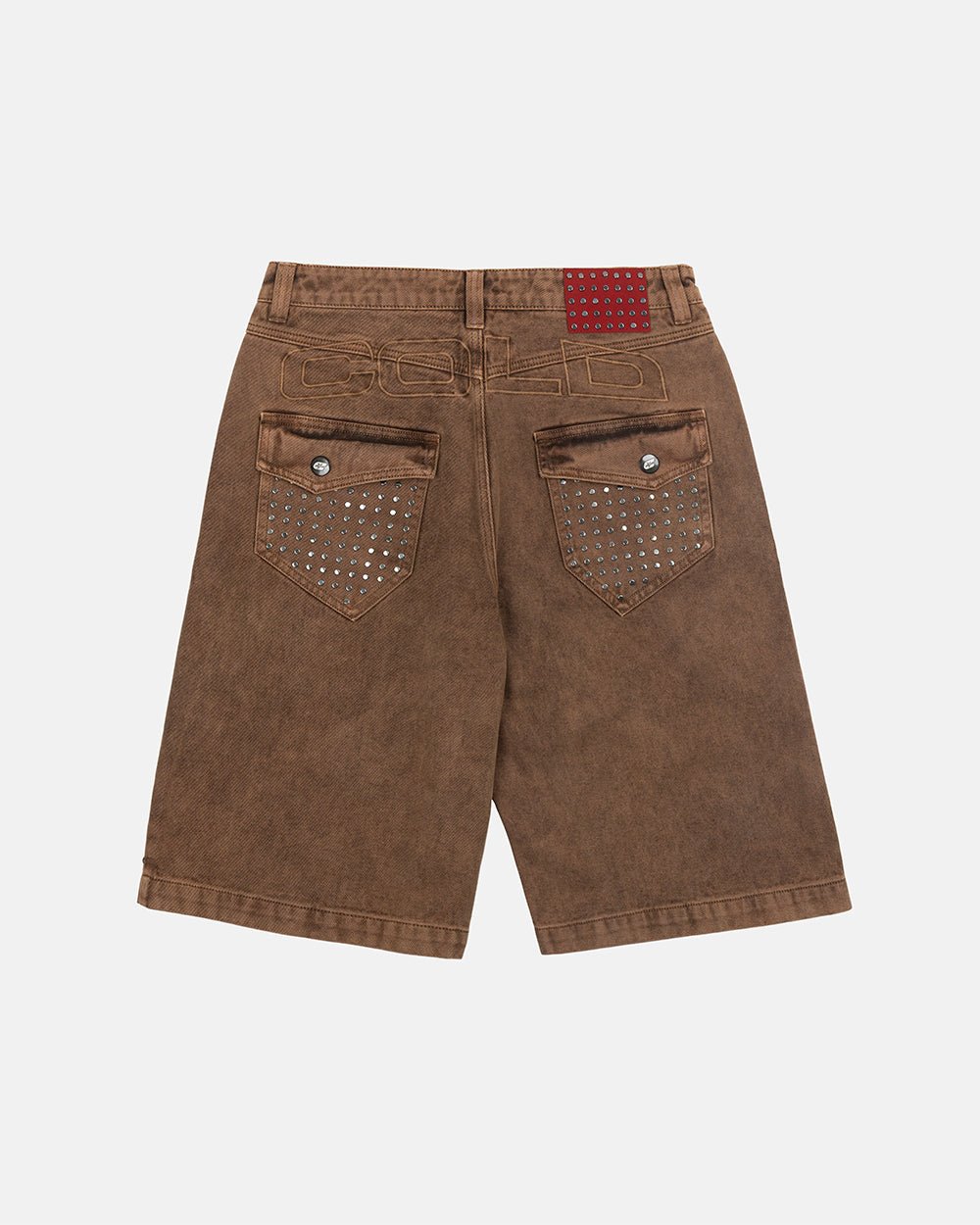 STUDS SHORT BROWN - brown studded denim shorts, back view - Cold Culture #packshot