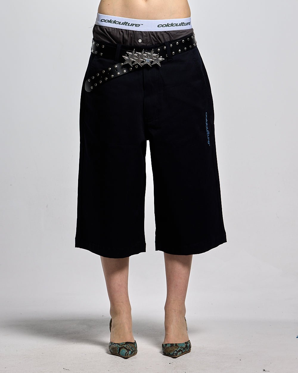 SUIT JORTS DARK BLUE - dark navy tailored shorts, front view on female model - Cold Culture #woman