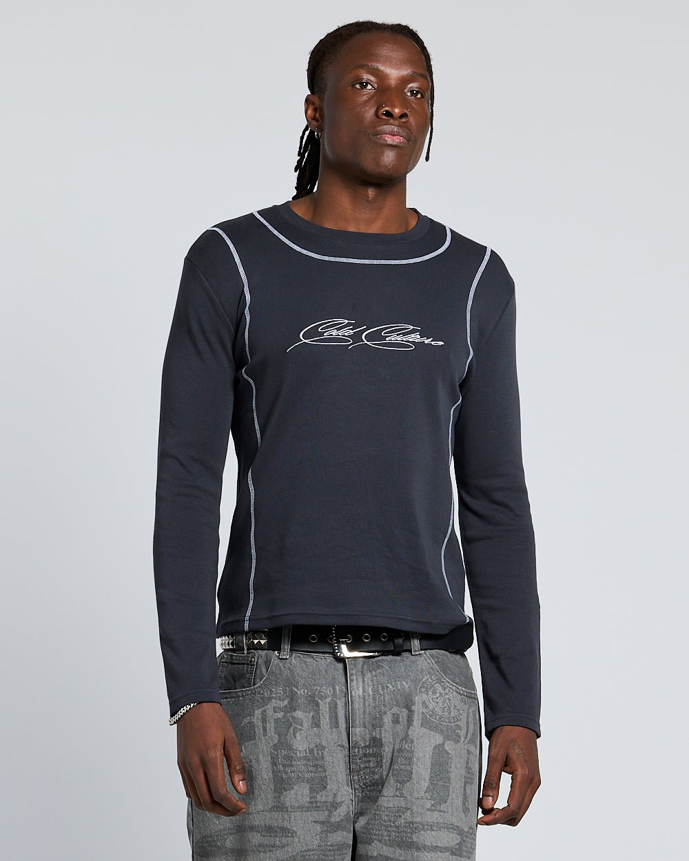 SURVIVOR LONGSLEEVE BLACK - black contrast stitch longsleeve tee, front view on male model - Cold Culture #man