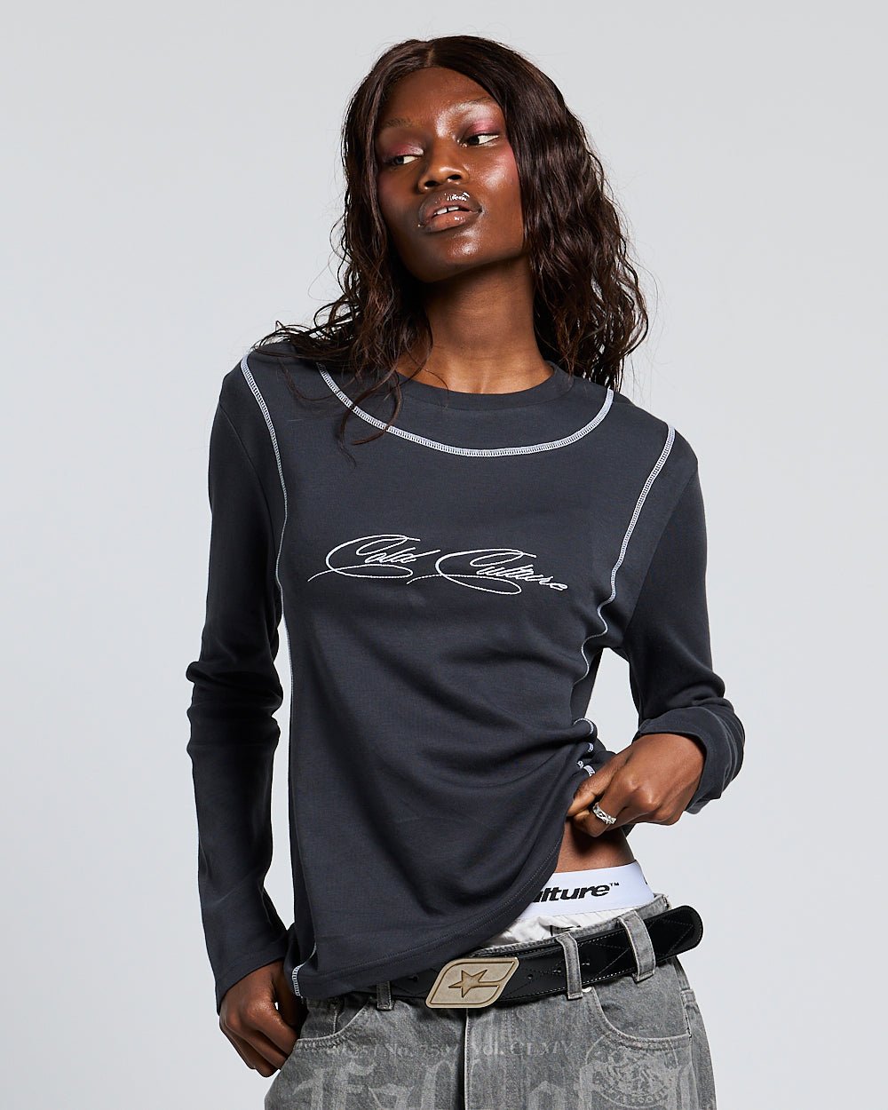 SURVIVOR LONGSLEEVE BLACK - black contrast stitch longsleeve tee, front view on female model - Cold Culture #woman