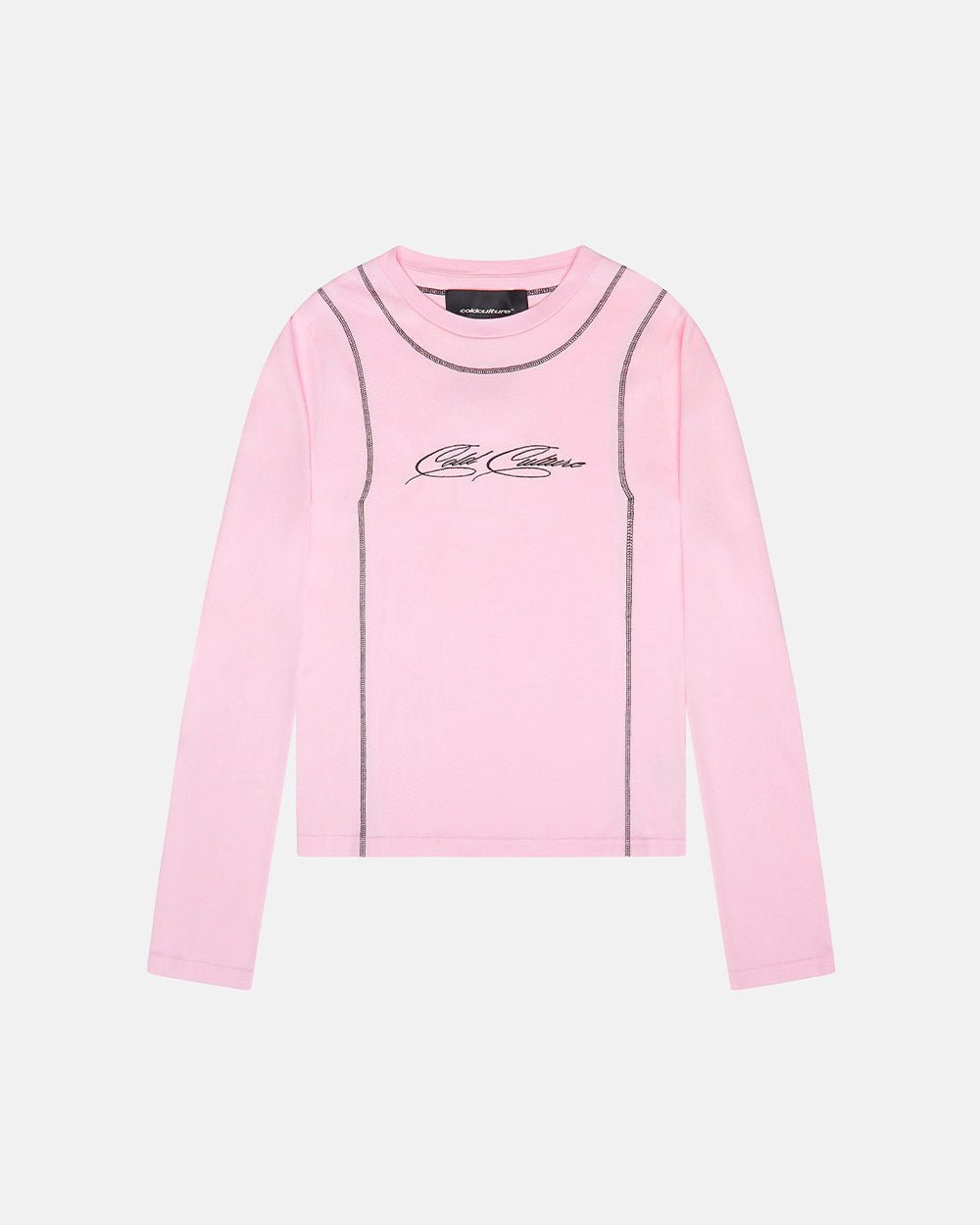 SURVIVOR LONGSLEEVE PINK - pink contrast stitch longsleeve tee, front view - Cold Culture #packshot