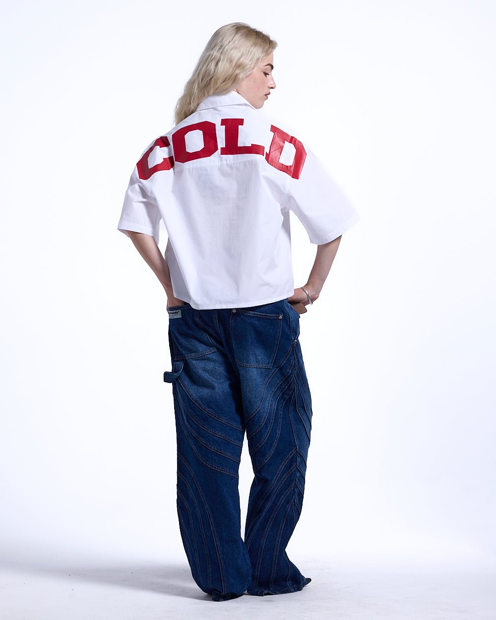 SWEDEN SHIRT WHITE - white short sleeve shirt, back view on female model - Cold Culture #woman
