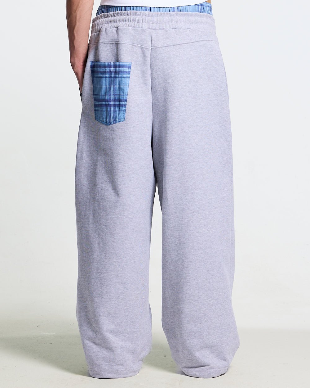 TAKE A PEAK SWEATPANTS HEATHER GREY - grey sweatpants with plaid trim, back view on male model - Cold Culture