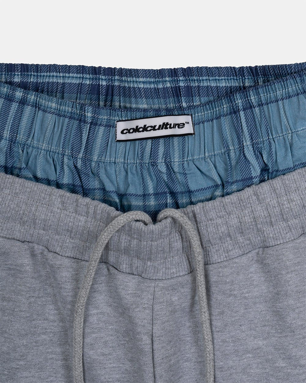 TAKE A PEAK SWEATPANTS HEATHER GREY - grey sweatpants with plaid trim, detail close-up - Cold Culture