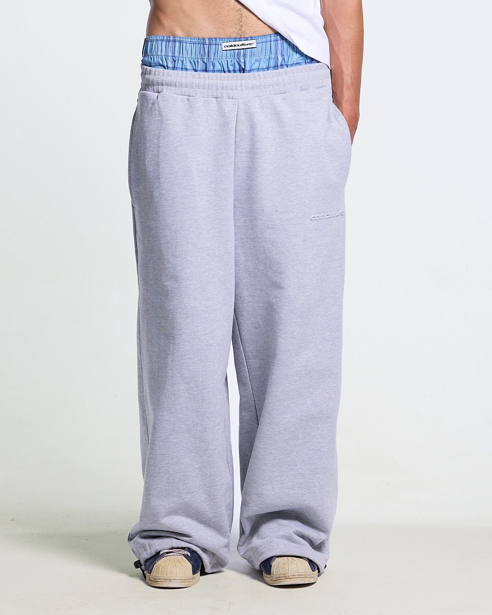 TAKE A PEAK SWEATPANTS HEATHER GREY - grey sweatpants with plaid trim, front view on male model - Cold Culture