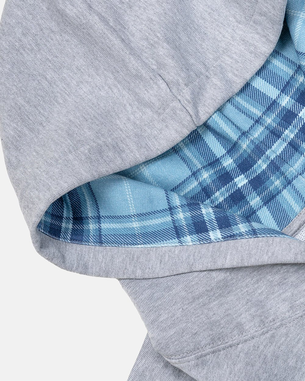 TAKE A PEAK ZIP HOODIE HEATHER GREY - grey zip-up hoodie with plaid trim, detail close-up - Cold Culture