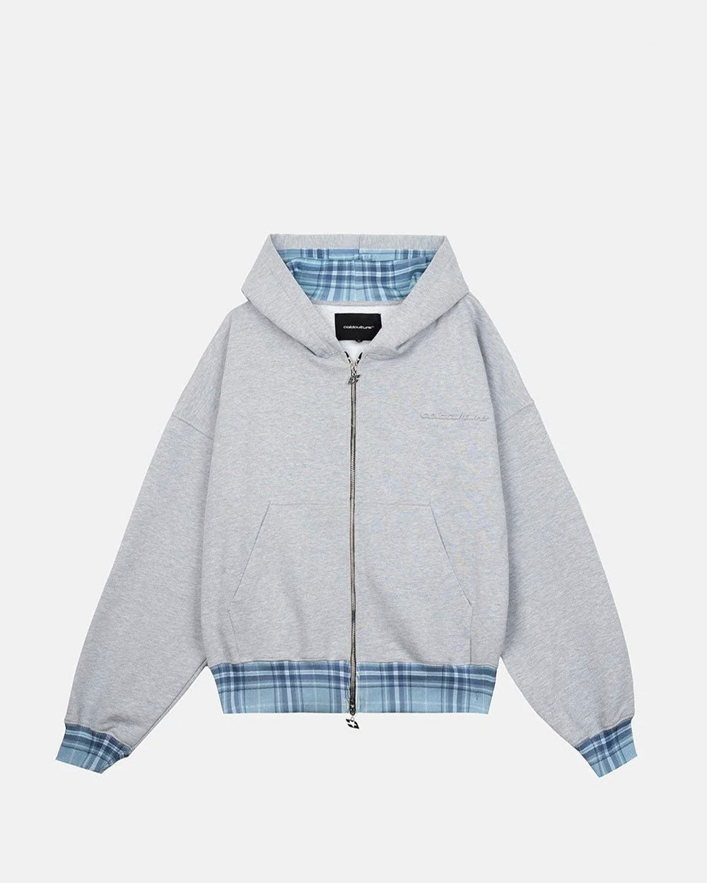 TAKE A PEAK ZIP HOODIE HEATHER GREY - grey zip-up hoodie with plaid trim, front view - Cold Culture #packshot