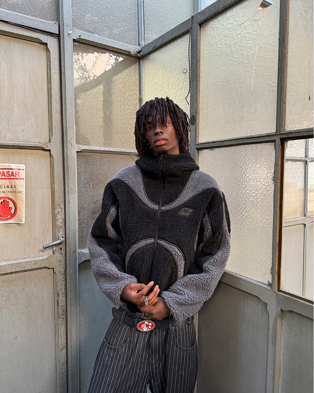TAKE OFF FLEECE BLACK - black sherpa fleece hooded jacket, street style shot - Cold Culture