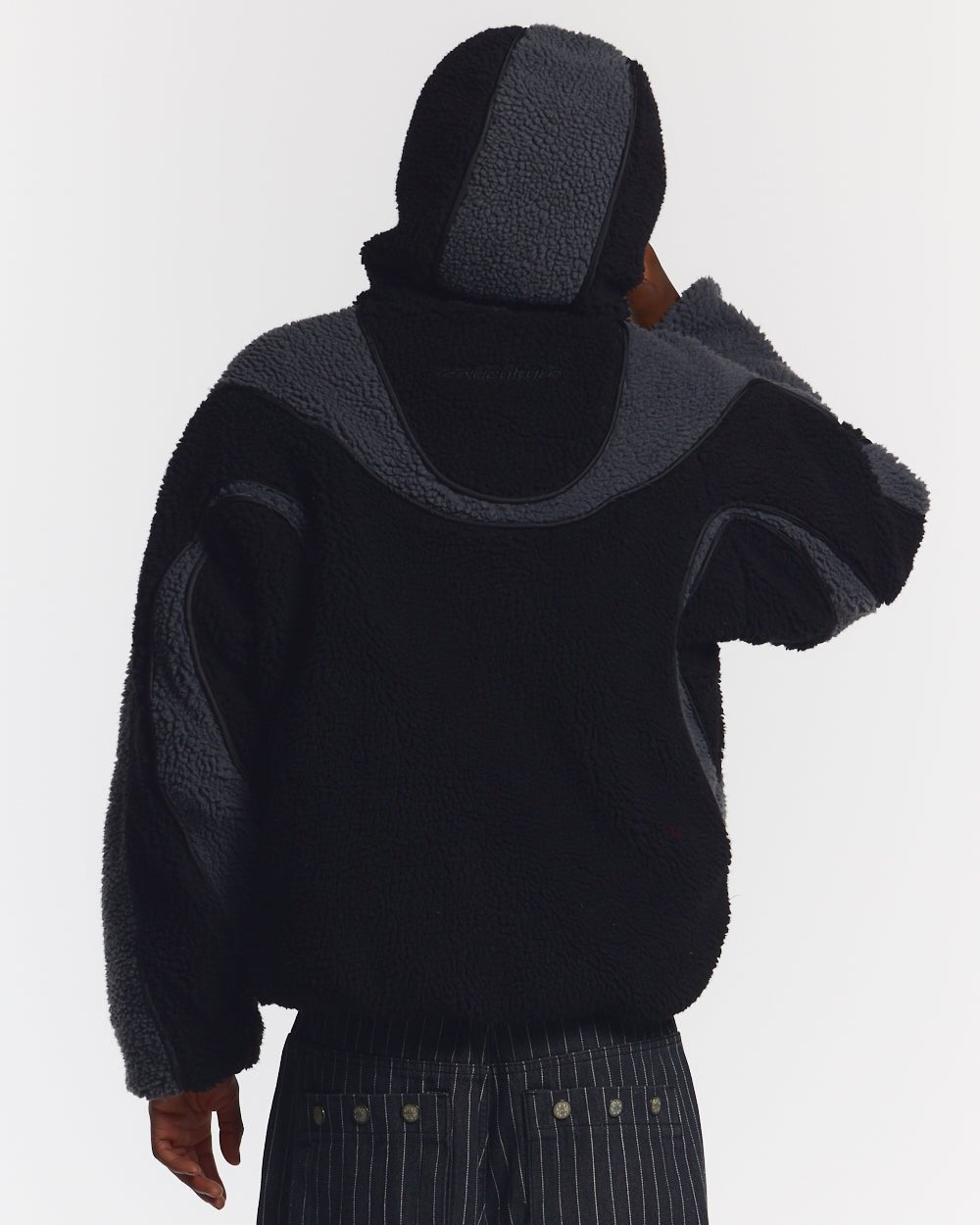 TAKE OFF FLEECE BLACK - black sherpa fleece hooded jacket, back view on male model - Cold Culture