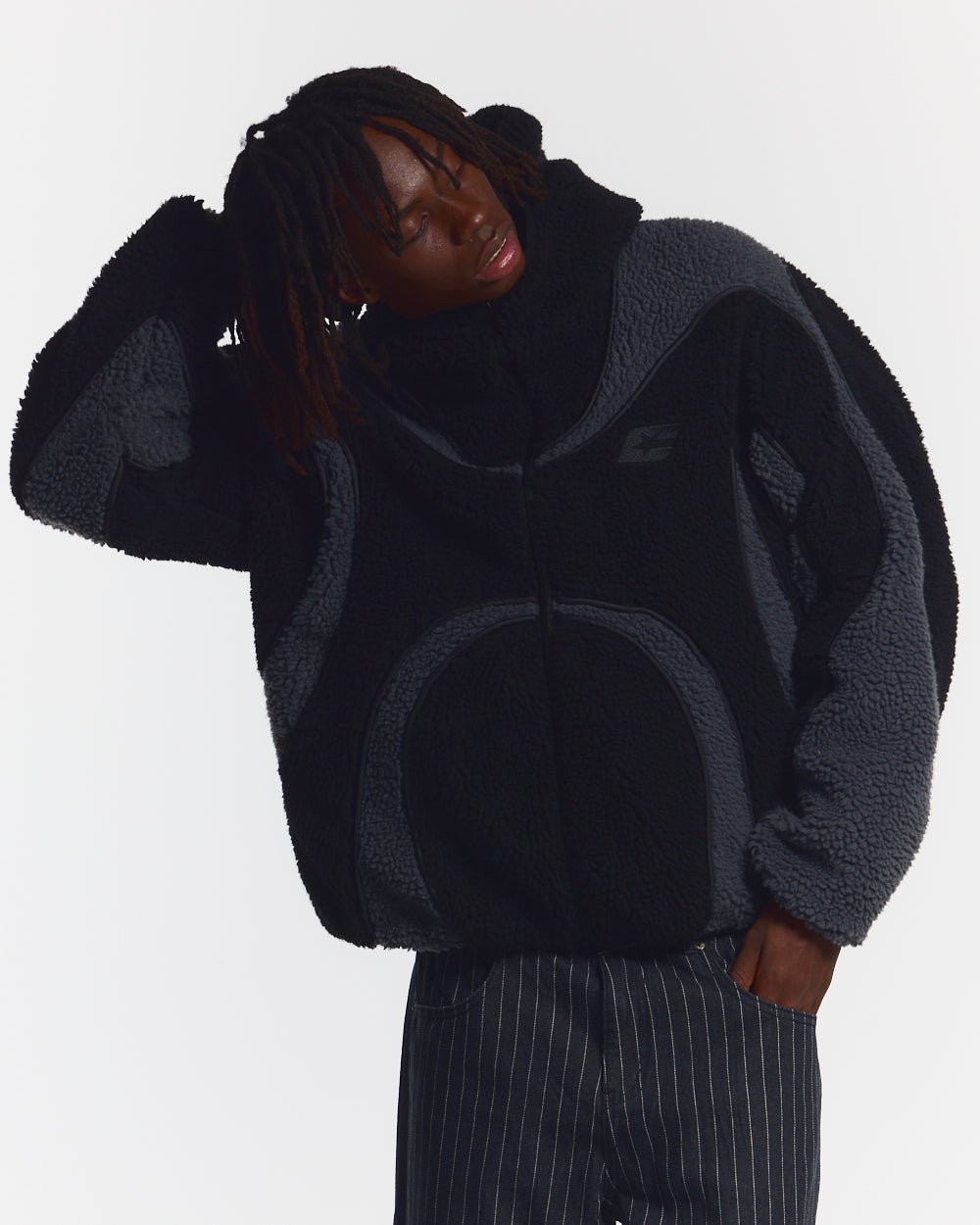 TAKE OFF FLEECE BLACK - black sherpa fleece hooded jacket, front view on male model - Cold Culture #man