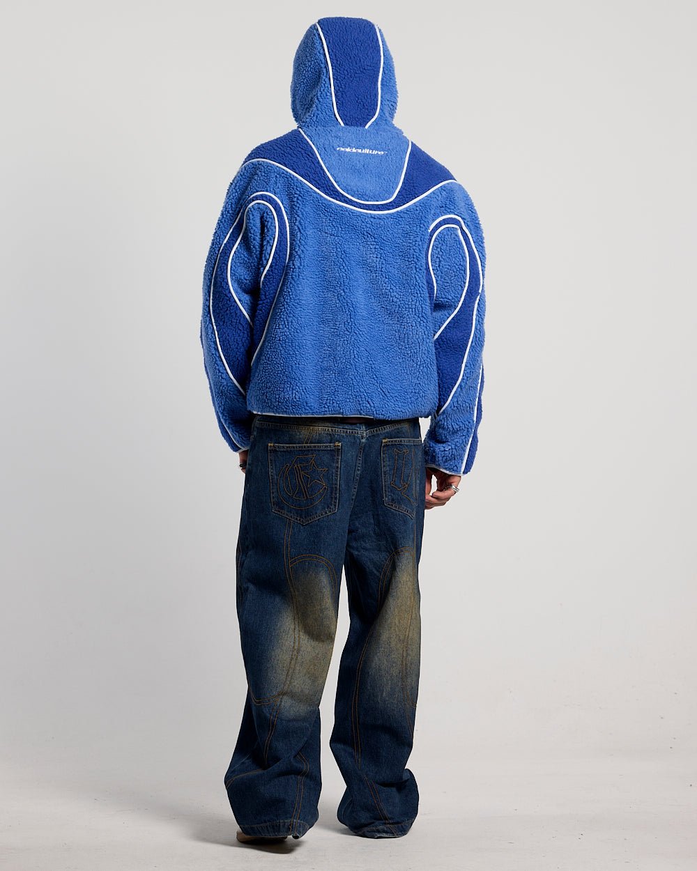 TAKE OFF FLEECE BLUE - blue sherpa fleece hooded jacket, back view on male model - Cold Culture
