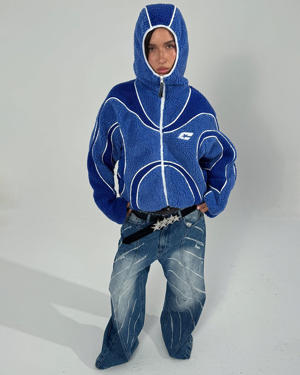 TAKE OFF FLEECE BLUE - blue sherpa fleece hooded jacket, front view on female model - Cold Culture #woman