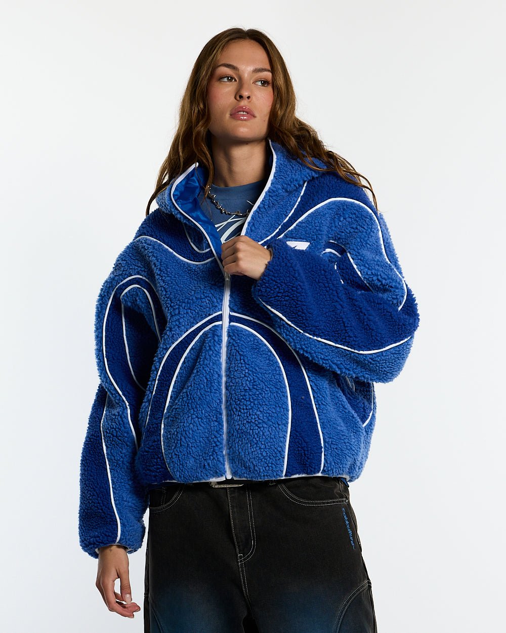 TAKE OFF FLEECE BLUE - blue sherpa fleece hooded jacket, front view on female model - Cold Culture #woman
